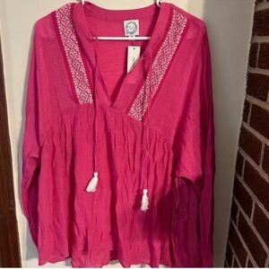 NWT Francesca's Collections Size 2x Pink Embroidered Tassel Peasant Tunic